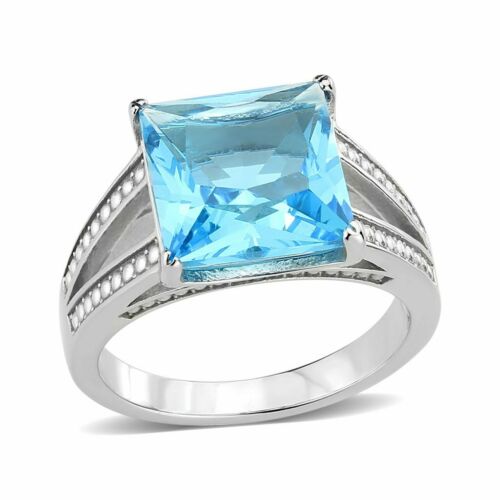 Jewellery Kingdom Ladies Topaz Princess Cut Silver Square Stainless Steel Embossed Ring (Blue) - Jewelry Rings - British D'sire Main image