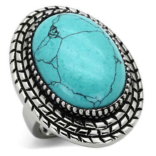 Jewellery Kingdom Ladies Turquoise Big Cocktail Stainless Steel Statement Sale Ring (Blue) - Jewelry Rings - British D'sire Main image