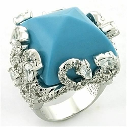 Jewellery Kingdom Ladies Turquoise Cocktail Big Statement 30 Carat Cz Rhodium Ring (Silver) - Jewelry Rings - British D'sire
