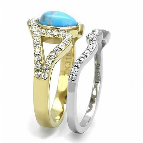 Jewellery Kingdom Ladies Turquoise Set Blue Pear Engagement Wedding Band Stainless Steel Ring - Jewelry Rings - British D'sire Main image
