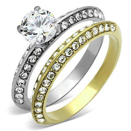 Jewellery Kingdom Ladies Two Tone Cz 18kt Solitaire Accents Stainless Steel 2pcs Ring Set - Jewelry Rings - British D'sire