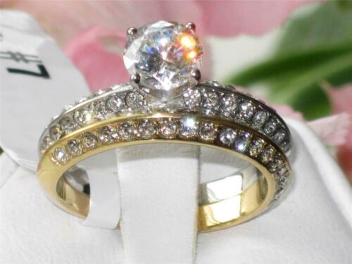 Jewellery Kingdom Ladies Two Tone Cz 18kt Solitaire Accents Stainless Steel 2pcs Ring Set - Jewelry Rings - British D'sire