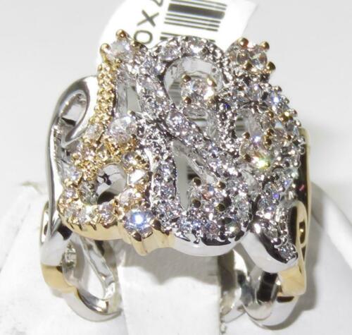 Jewellery Kingdom Ladies Two Tone Wide Cubic Zirconia Gold 18kt Band Fancy Unique Half Price Ring (Silver) - Jewelry Rings - British D'sire Main image