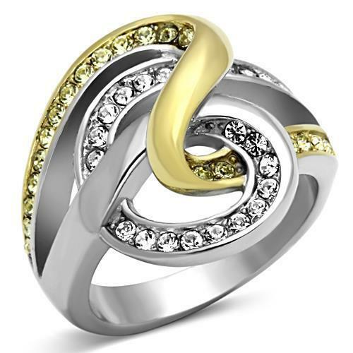 Jewellery Kingdom Ladies Two Toneswirl Cubic Zirconia 18kt Steel Pave Sparkling Pretty Unique Ring (Gold) - Jewelry Rings - British D'sire Main image
