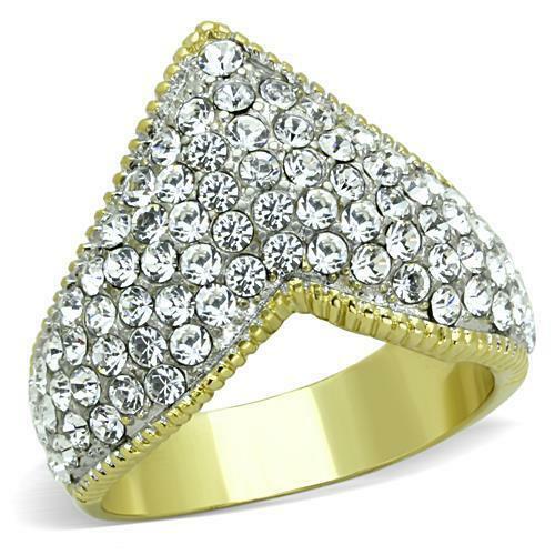 Jewellery Kingdom Ladies V Pave Cluster 18kt Gold Steel Flat Cubic Zirconia Ring (Gold) - Jewelry Rings - British D'sire Main image