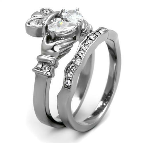 Jewellery Kingdom Ladies Wedding Band Set Pear Claddagh Ring (Silver) - Engagement Rings - British D'sire