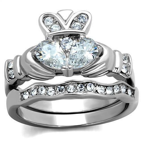 Jewellery Kingdom Ladies Wedding Band Set Pear Claddagh Ring (Silver) - Engagement Rings - British D'sire