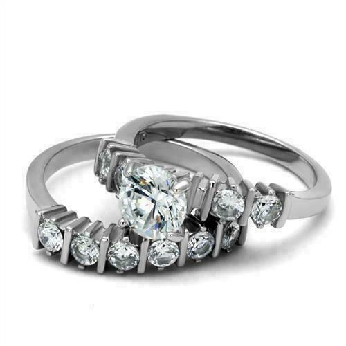 Jewellery Kingdom Ladies Wedding Band Simulated Diamond Engagement Ring Set (Silver) - Engagement Rings - British D'sire