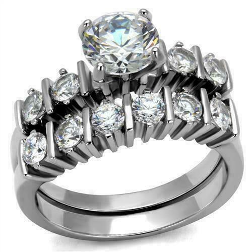Jewellery Kingdom Ladies Wedding Band Simulated Diamond Engagement Ring Set (Silver) - Engagement Rings - British D'sire