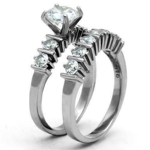 Jewellery Kingdom Ladies Wedding Band Simulated Diamond Engagement Ring Set (Silver) - Engagement Rings - British D'sire