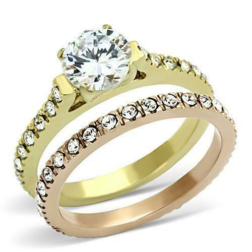 Jewellery Kingdom Ladies Wedding Engagement Band Set 2pcs Two Tone Ring (Gold) - Rings - British D'sire Main image