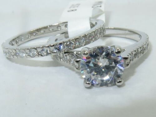 Jewellery Kingdom Ladies Wedding Engagement Band Set Sterling Silver 2pcs 2K Ring (Silver) - Rings - British D'sire