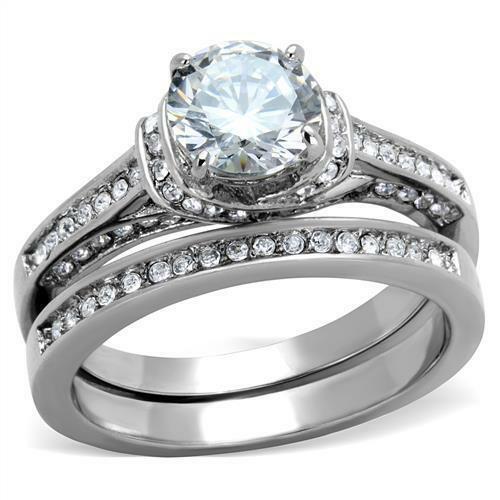 Jewellery Kingdom Ladies Wedding Engagement Cz Stainless Steel 2 Carat Silver 2pcs Ring Set - Jewelry Rings - British D'sire Main image
