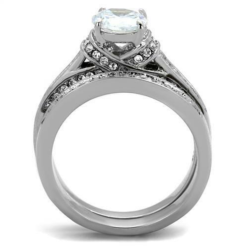 Jewellery Kingdom Ladies Wedding Engagement Cz Stainless Steel 2 Carat Silver 2pcs Ring Set - Jewelry Rings - British D'sire