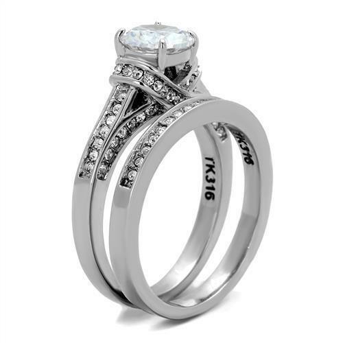 Jewellery Kingdom Ladies Wedding Engagement Cz Stainless Steel 2 Carat Silver 2pcs Ring Set - Jewelry Rings - British D'sire