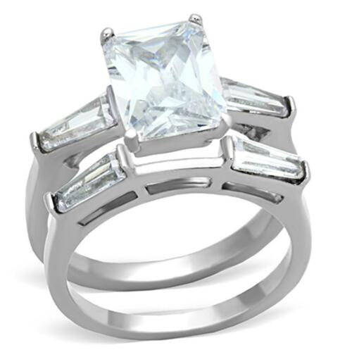 Jewellery Kingdom Ladies Wedding Engagement Emerald Cut Band Set 4k Stainless Steel Ring (Silver) - Engagement Rings - British D'sire