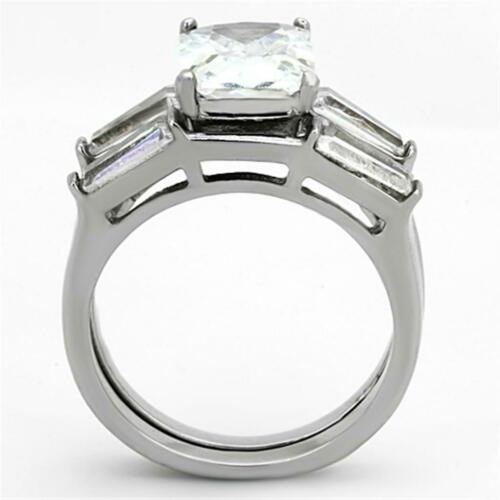Jewellery Kingdom Ladies Wedding Engagement Emerald Cut Band Set 4k Stainless Steel Ring (Silver) - Engagement Rings - British D'sire