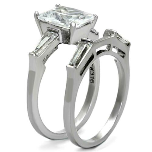 Jewellery Kingdom Ladies Wedding Engagement Emerald Cut Band Set 4k Stainless Steel Ring (Silver) - Engagement Rings - British D'sire