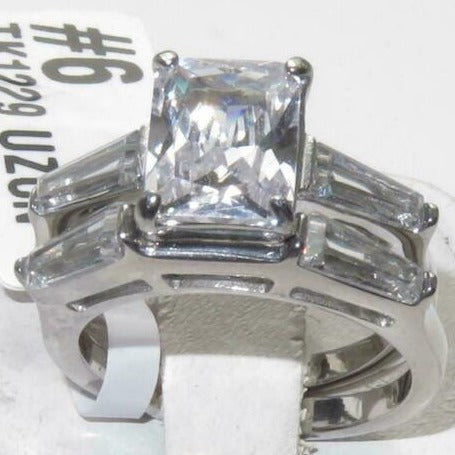 Jewellery Kingdom Ladies Wedding Engagement Emerald Cut Band Set 4k Stainless Steel Ring (Silver) - Engagement Rings - British D'sire