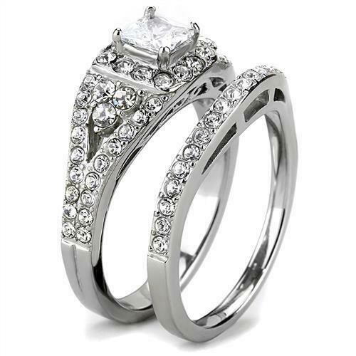 Jewellery Kingdom Ladies Wedding Engagement Set Band Cz Princess 2pcs Stainless Steel Ring - Jewelry Rings - British D'sire