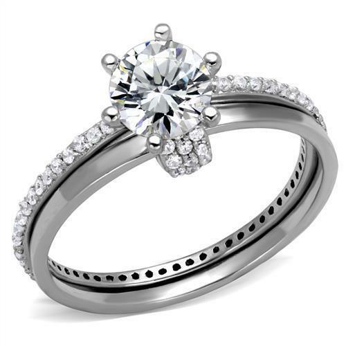 Jewellery Kingdom Ladies Wedding Engagement Solitaire Band Set 2pcs 2K Ring (Silver) - Engagement Rings - British D'sire Main image