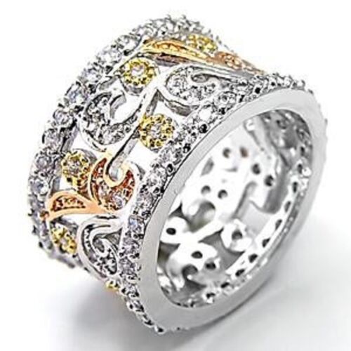 Jewellery Kingdom Ladies Wide Band 10mm Ring Rose Gold Yellow Cz Full Eternity Silver Rhodium - Jewelry Rings - British D'sire Main image