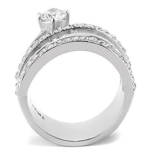 Jewellery Kingdom Ladies Wide Band Cz Swirl Solitaire Silver Stainless Steel Pave Ring - Jewelry Rings - British D'sire