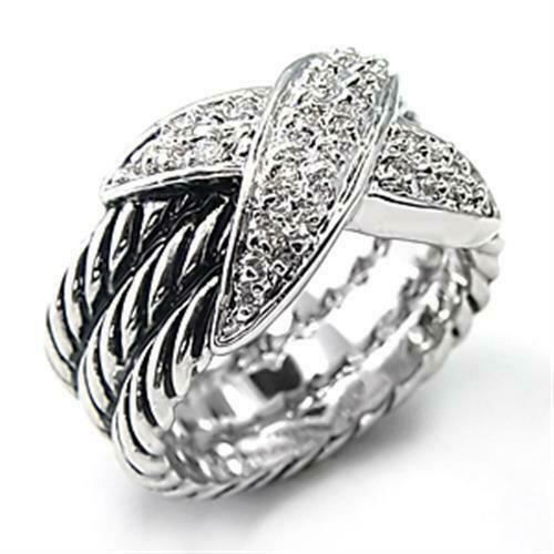 Jewellery Kingdom Ladies Wide Band Kisses Cz Crossover 8mm Rhodium Designer Silver Ring - Jewelry Rings - British D'sire Main image