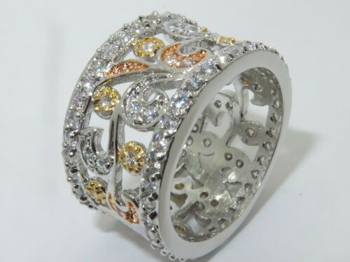 Jewellery Kingdom Ladies Wide Band Rose Simulated Diamonds Full Eternity Ring (Silver & Rose Gold) - Jewelry Rings - British D'sire