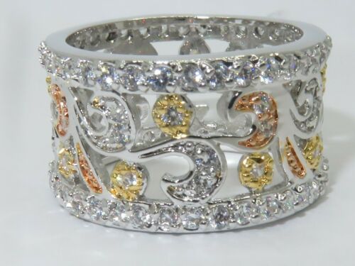 Jewellery Kingdom Ladies Wide Band Rose Simulated Diamonds Full Eternity Ring (Silver & Rose Gold) - Jewelry Rings - British D'sire