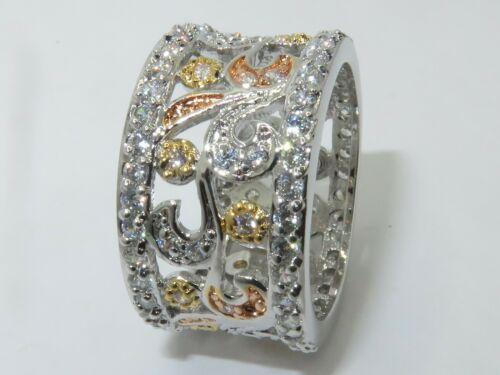 Jewellery Kingdom Ladies Wide Band Rose Simulated Diamonds Full Eternity Ring (Silver & Rose Gold) - Jewelry Rings - British D'sire