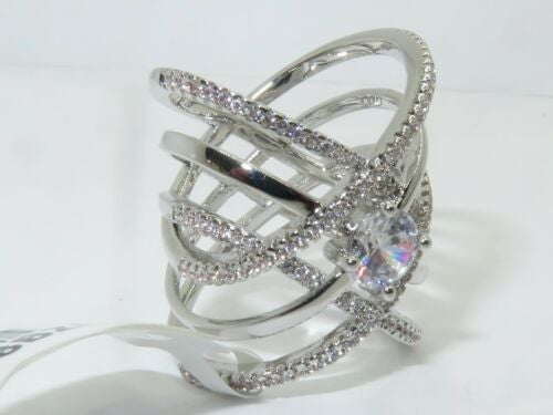 Jewellery Kingdom Ladies Wide Solitaire Weave Pave Cubic Zirconia Rhodium Band Unique Clear Ring (Silver) - Jewelry Rings - British D'sire