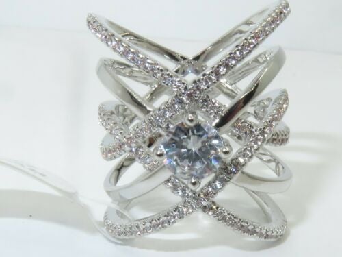 Jewellery Kingdom Ladies Wide Solitaire Weave Pave Cubic Zirconia Rhodium Band Unique Clear Ring (Silver) - Jewelry Rings - British D'sire