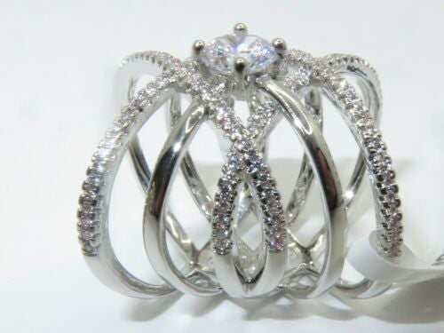 Jewellery Kingdom Ladies Wide Solitaire Weave Pave Cubic Zirconia Rhodium Band Unique Clear Ring (Silver) - Jewelry Rings - British D'sire