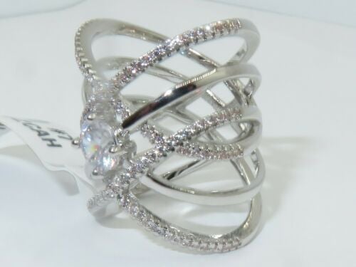 Jewellery Kingdom Ladies Wide Solitaire Weave Pave Cubic Zirconia Rhodium Band Unique Clear Ring (Silver) - Jewelry Rings - British D'sire