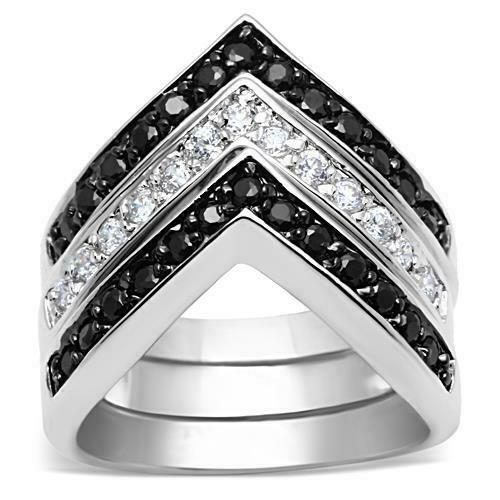 Jewellery Kingdom Ladies Wishbone Stacking Bands 3pcs Cz 7mm Silver Eternity Ring Set (Black) - Jewelry Rings - British D'sire