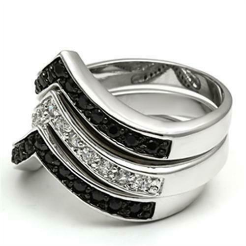 Jewellery Kingdom Ladies Wishbone Stacking Bands 3pcs Cz 7mm Silver Eternity Ring Set (Black) - Jewelry Rings - British D'sire