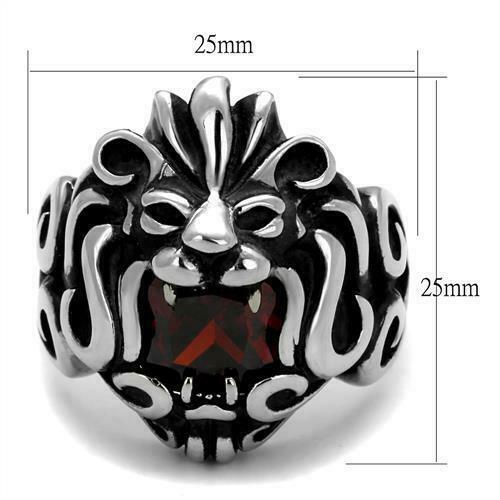 Jewellery Kingdom Lion Head Signet Cubic Zirconia Stainless Steel Red Garnet Silver Biker Goth Mens Ring - Jewelry Rings - British D'sire