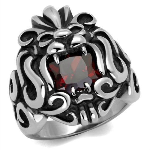 Jewellery Kingdom Lion Head Signet Cubic Zirconia Stainless Steel Red Garnet Silver Biker Goth Mens Ring - Jewelry Rings - British D'sire