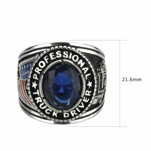 Jewellery Kingdom Lorry United States Flag Sapphire Cubic Zirconia Stainless Steel Mens Truck Driver Ring - Jewelry Rings - British D'sire