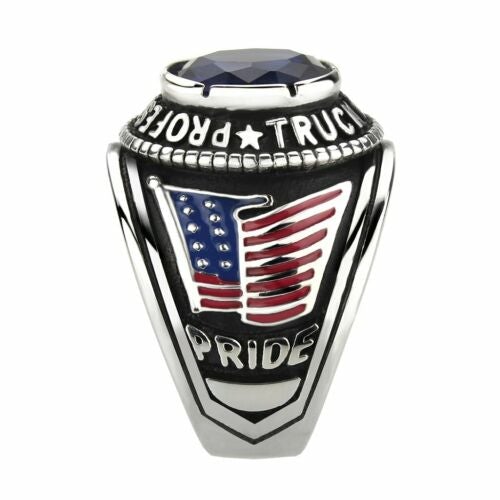 Jewellery Kingdom Lorry United States Flag Sapphire Cubic Zirconia Stainless Steel Mens Truck Driver Ring - Jewelry Rings - British D'sire