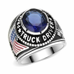 Jewellery Kingdom Lorry United States Flag Sapphire Cubic Zirconia Stainless Steel Mens Truck Driver Ring - Jewelry Rings - British D'sire