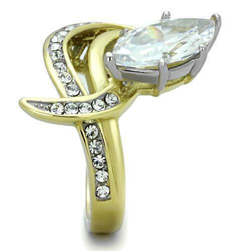 Ladies marquise cut Cubic Zirconia cocktail ring by Jewellery Kingdom | 18K gold plated stainless steel swirl ring with brillant round CZs Secondary image