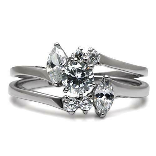 Jewellery Kingdom Marquise Cubic Zirconia Wedding Band Silver Stainless Steel Solitari Engagement Ring Set - Jewelry Rings - British D'sire Main image