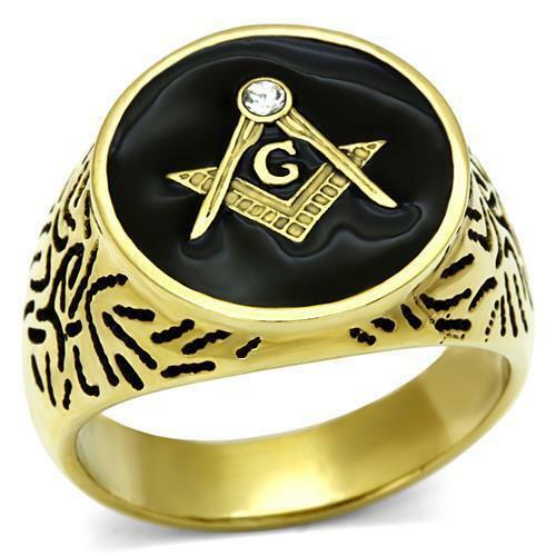 Jewellery Kingdom Masonic Onyx Cz Signet 18kt Steel Miliary Round Mans All Sizes Ring - Jewelry Rings - British D'sire Main image