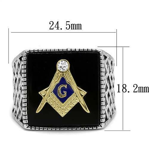 Jewellery Kingdom Masonic Onyx Signet Pinky Diamond Masons Emerald Cut Steel Ring (Silver) - Jewelry Rings - British D'sire