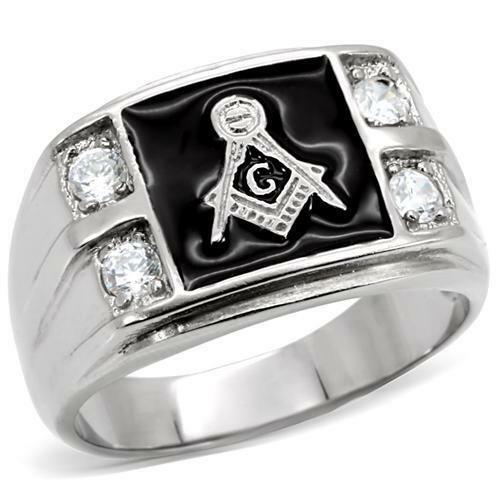 Jewellery Kingdom Masonic Onyx Signet Pinky Simulated Diamonds Masons Ring (Silver) - Jewelry Rings - British D'sire