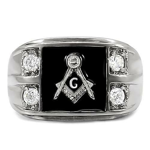 Jewellery Kingdom Masonic Onyx Signet Pinky Simulated Diamonds Masons Ring (Silver) Secondary image