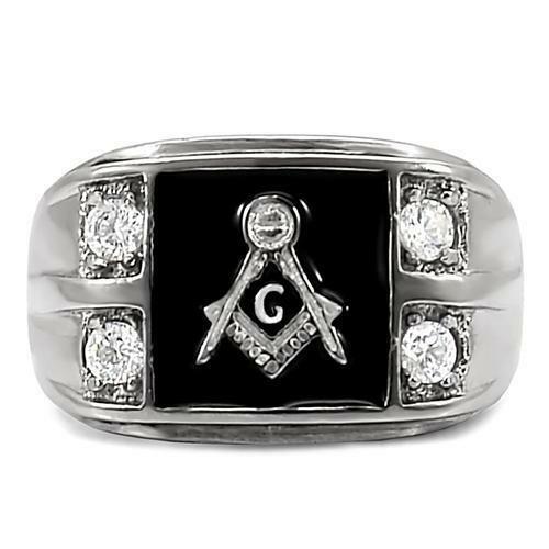 Jewellery Kingdom Masonic Onyx Signet Pinky Simulated Diamonds Masons Ring (Silver) - Jewelry Rings - British D'sire