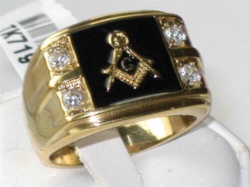 Jewellery Kingdom Masonic Signet Pinky Cubic Zirconia Military18kt Steel Black Onyx Mens Gold Ring - Jewelry Rings - British D'sire